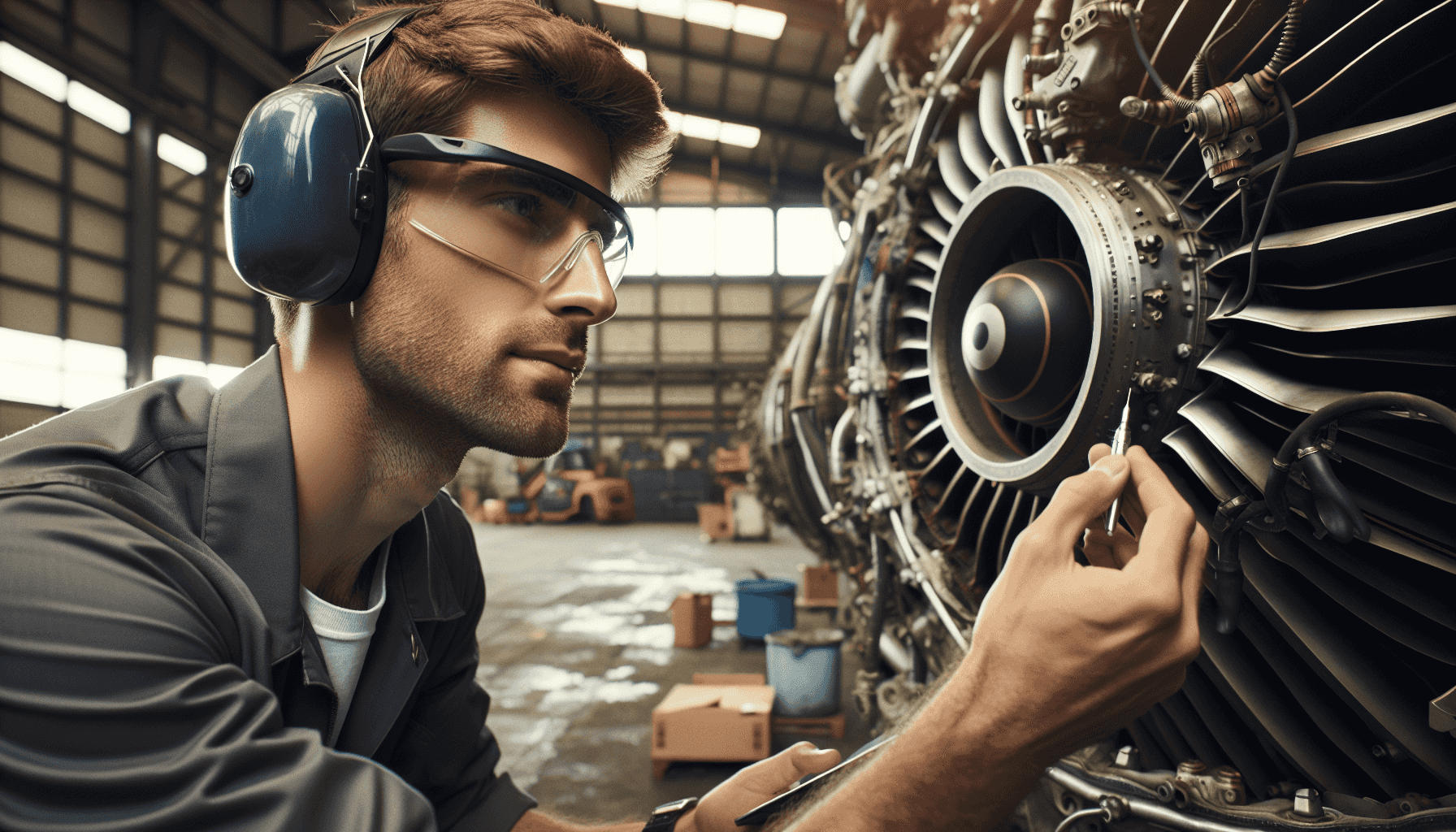 Ingeniero inspeccionando motor de avión